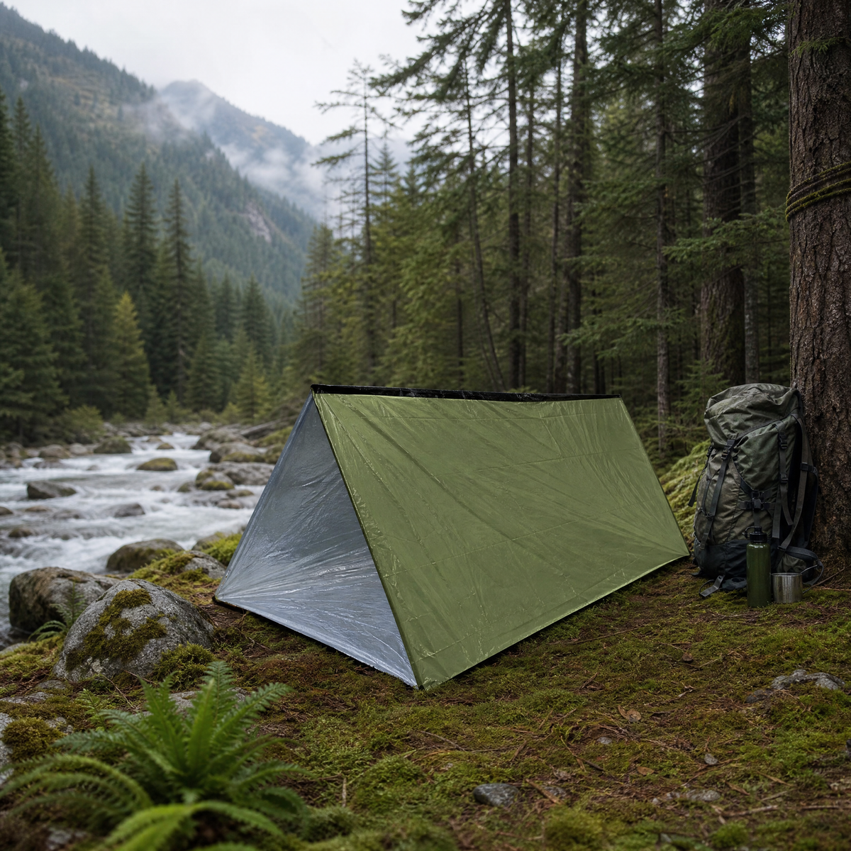 Tente d'urgence verte en pleine nature